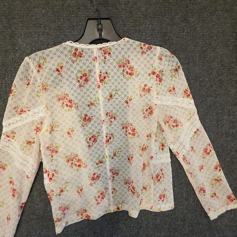 Free People Kika Top Blouse S Sheer White Lace Floral Button Front Long Coquette